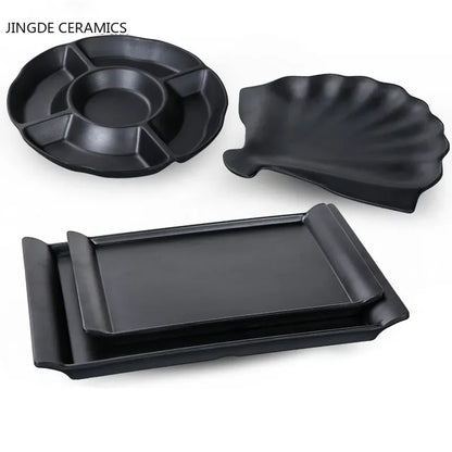1Pc Black Matte Fan-shaped Melamine Plate Tableware Western Steak Salad Dessert Cake Sushi Snack Tea Tray Storage Plate