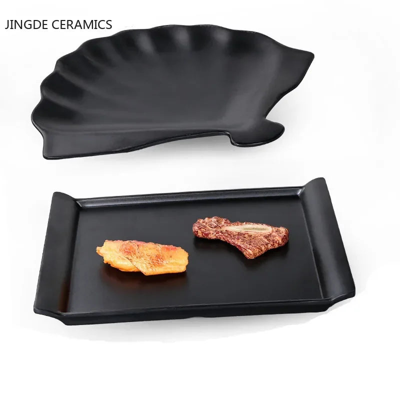 1Pc Black Matte Fan-shaped Melamine Plate Tableware Western Steak Salad Dessert Cake Sushi Snack Tea Tray Storage Plate