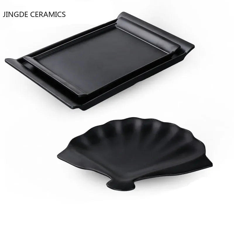 1Pc Black Matte Fan-shaped Melamine Plate Tableware Western Steak Salad Dessert Cake Sushi Snack Tea Tray Storage Plate