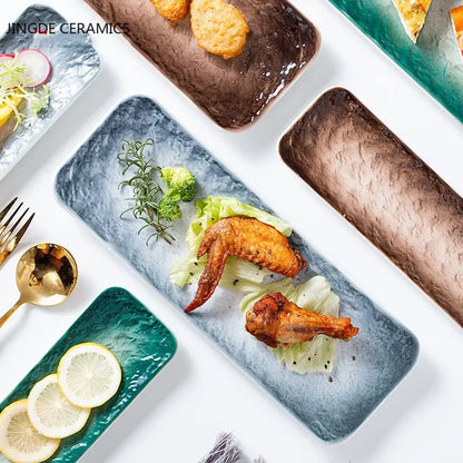 1Pcs Creative Stone Strip Rectangular Ceramic Plate Western Steak Salad Dessert Cake Sushi Home Kitchen Storage Decorative Plate