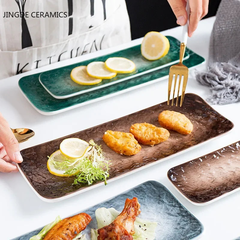 1Pcs Creative Stone Strip Rectangular Ceramic Plate Western Steak Salad Dessert Cake Sushi Home Kitchen Storage Decorative Plate