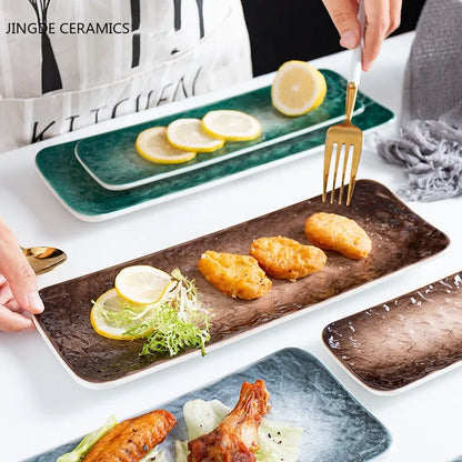 1Pcs Creative Stone Strip Rectangular Ceramic Plate Western Steak Salad Dessert Cake Sushi Home Kitchen Storage Decorative Plate