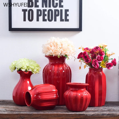 1Pcs Red drum ceramic vase home wedding festive decoration modern simple living room flower storage decorative ornaments