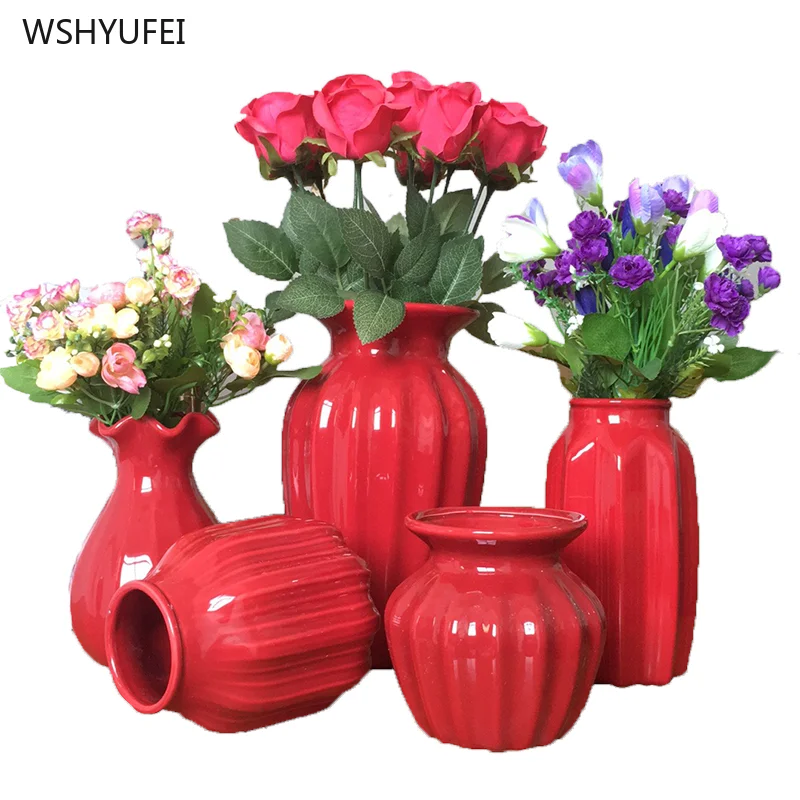 1Pcs Red drum ceramic vase home wedding festive decoration modern simple living room flower storage decorative ornaments
