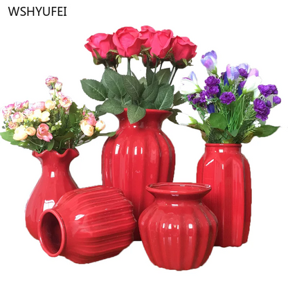1Pcs Red drum ceramic vase home wedding festive decoration modern simple living room flower storage decorative ornaments
