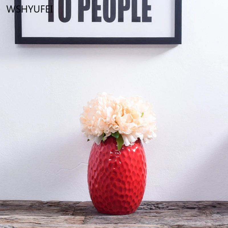 1Pcs Red drum ceramic vase home wedding festive decoration modern simple living room flower storage decorative ornaments