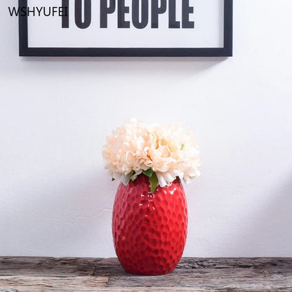 1Pcs Red drum ceramic vase home wedding festive decoration modern simple living room flower storage decorative ornaments