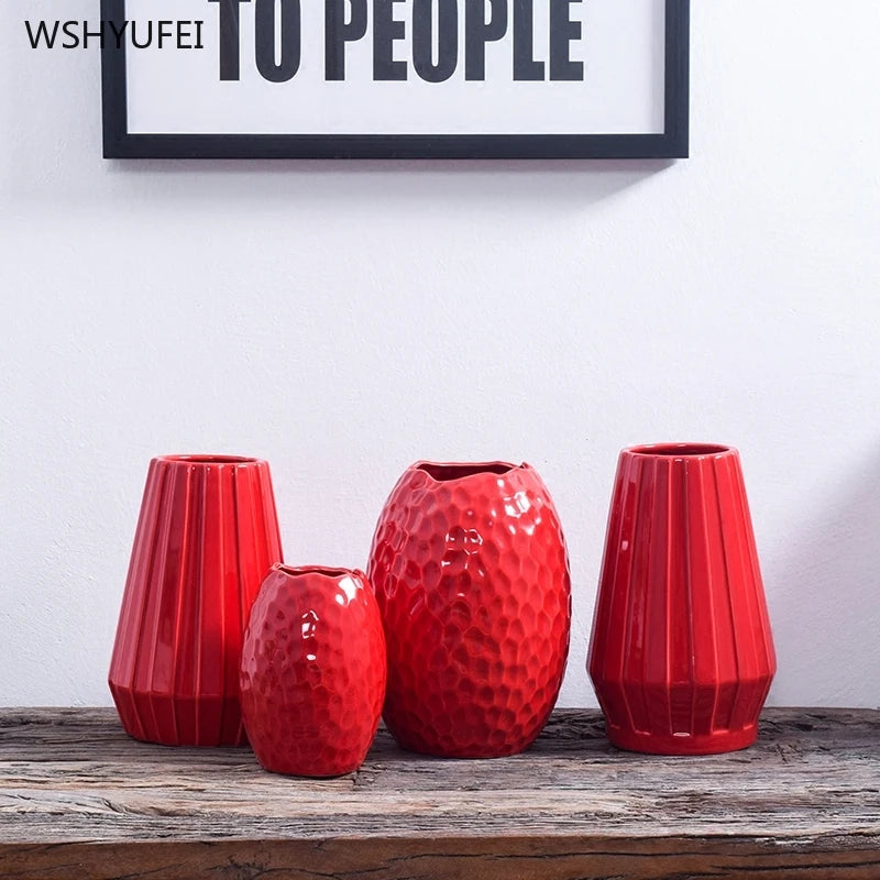 1Pcs Red drum ceramic vase home wedding festive decoration modern simple living room flower storage decorative ornaments