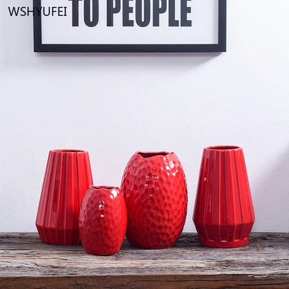 1Pcs Red drum ceramic vase home wedding festive decoration modern simple living room flower storage decorative ornaments
