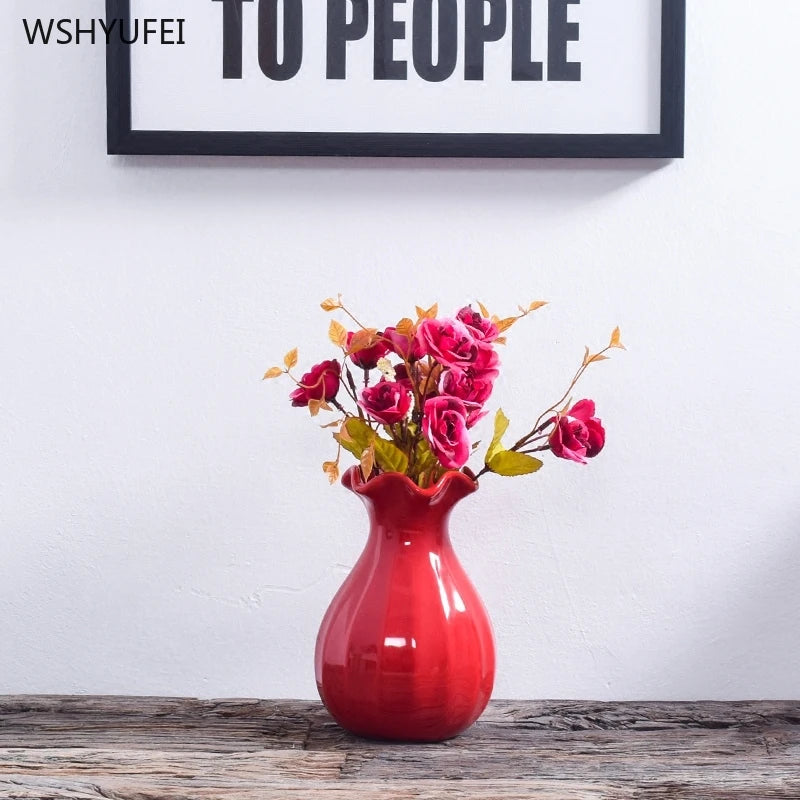 1Pcs Red drum ceramic vase home wedding festive decoration modern simple living room flower storage decorative ornaments