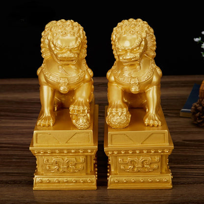1pairs Chinese Style Lucky Lion Statue Resin Animals Statue Home Feng Shui Decor Crafts Home Office Retro  Decorative Statue