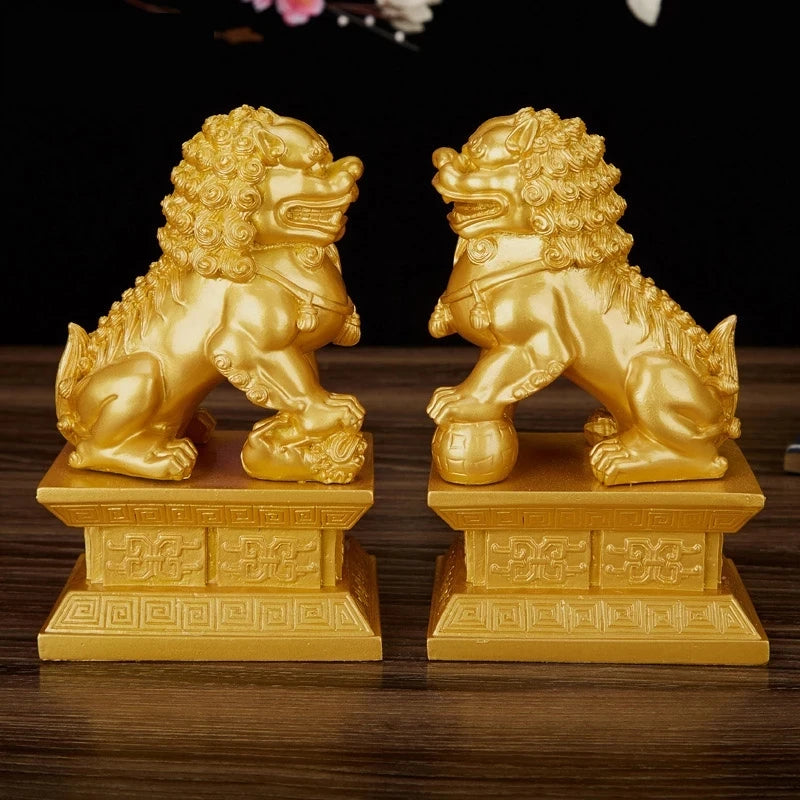 1pairs Chinese Style Lucky Lion Statue Resin Animals Statue Home Feng Shui Decor Crafts Home Office Retro  Decorative Statue