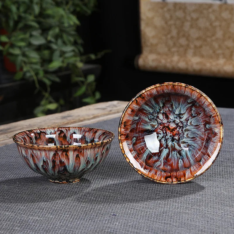 1pc Multicolor Kiln Fambe Porcelain Tea Cup Large Kung Fu Temmoku Glaze Ceramics Japanese Master Teacup Retro Single Tea Cups