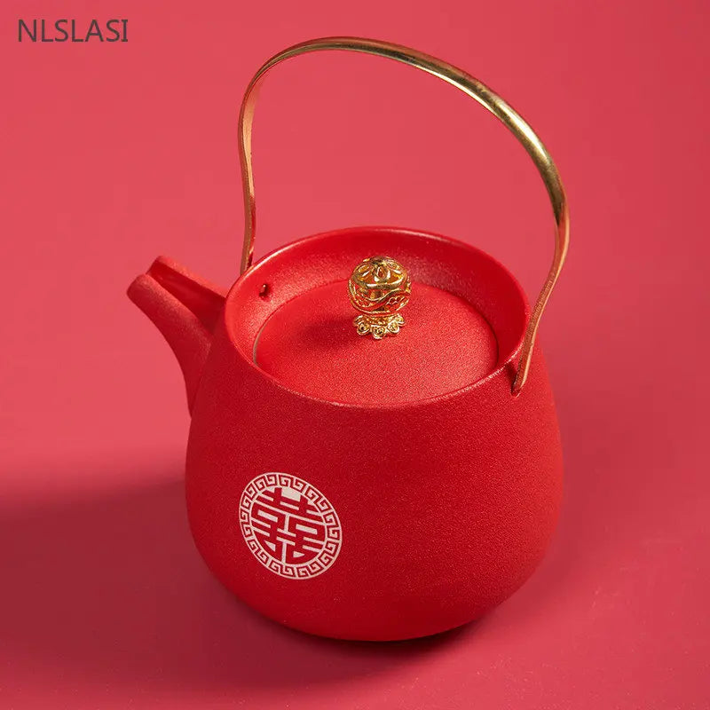 1pc Red Handmade Ceramic Teapot Chinese Tea Pot Beauty Kettle  Wedding Supplies Household Tea Ceremony Customized Gifts 250ml