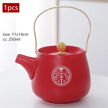 1pc Red Handmade Ceramic Teapot Chinese Tea Pot Beauty Kettle  Wedding Supplies Household Tea Ceremony Customized Gifts 250ml