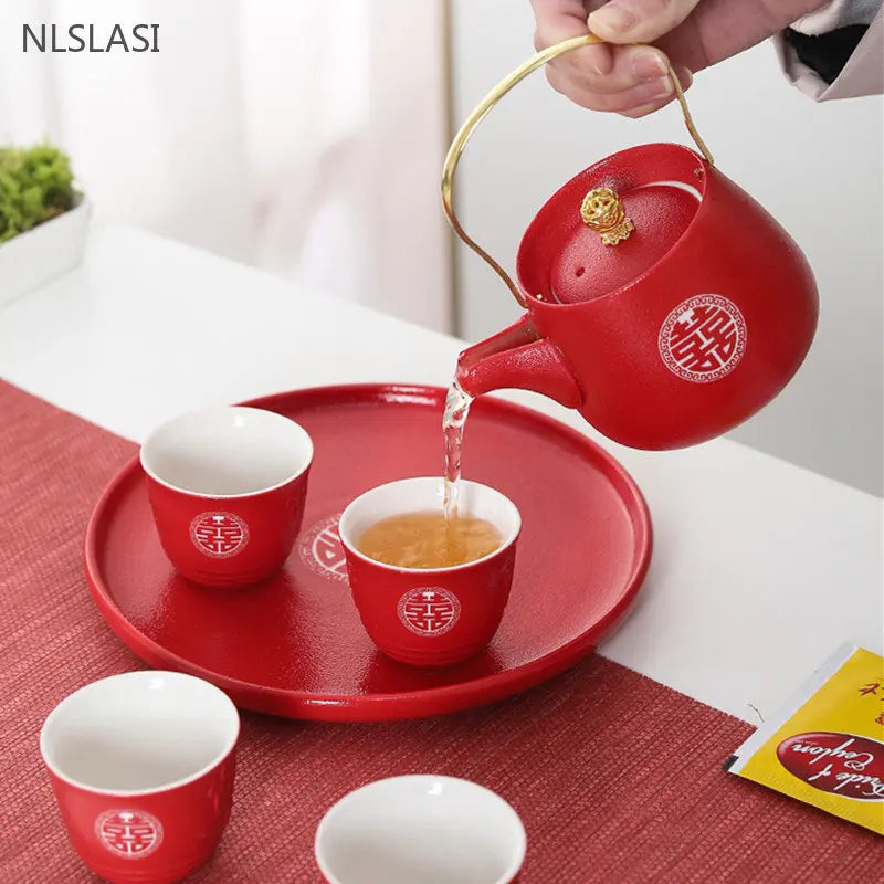1pc Red Handmade Ceramic Teapot Chinese Tea Pot Beauty Kettle  Wedding Supplies Household Tea Ceremony Customized Gifts 250ml