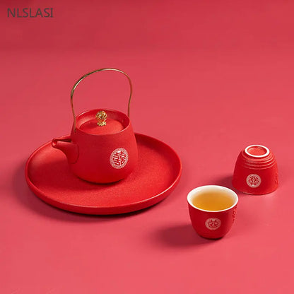 1pc Red Handmade Ceramic Teapot Chinese Tea Pot Beauty Kettle  Wedding Supplies Household Tea Ceremony Customized Gifts 250ml