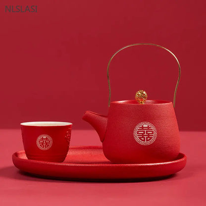 1pc Red Handmade Ceramic Teapot Chinese Tea Pot Beauty Kettle  Wedding Supplies Household Tea Ceremony Customized Gifts 250ml