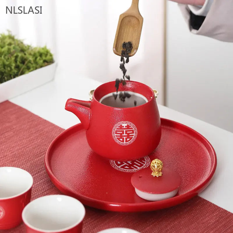 1pc Red Handmade Ceramic Teapot Chinese Tea Pot Beauty Kettle  Wedding Supplies Household Tea Ceremony Customized Gifts 250ml