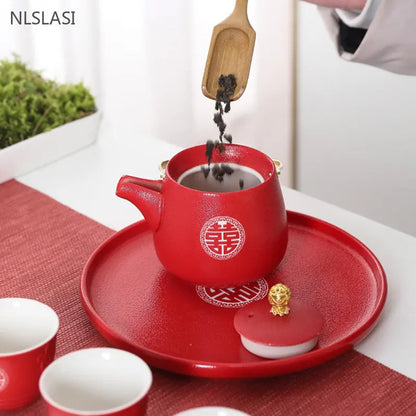 1pc Red Handmade Ceramic Teapot Chinese Tea Pot Beauty Kettle  Wedding Supplies Household Tea Ceremony Customized Gifts 250ml