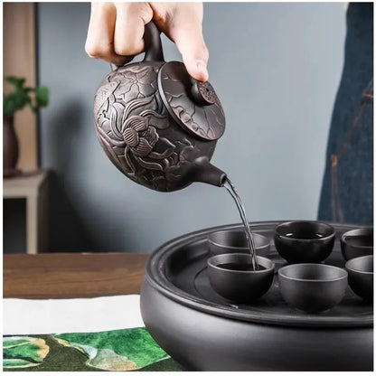 1pc Yixing Tea Pot Purple Clay Teapots Beauty Kettle Black Mud Hand Hand Carved Lotus Illustration Pot Home Handmade Tea Set