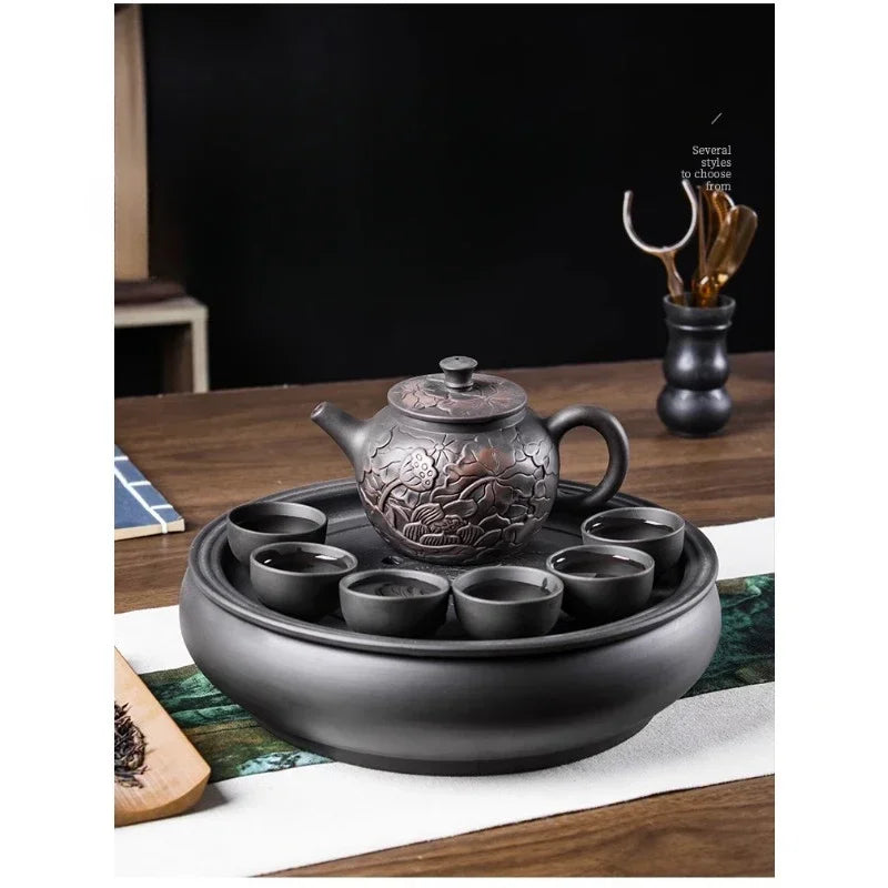 1pc Yixing Tea Pot Purple Clay Teapots Beauty Kettle Black Mud Hand Hand Carved Lotus Illustration Pot Home Handmade Tea Set