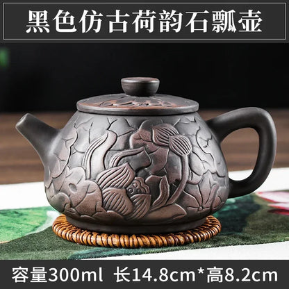 1pc Yixing Tea Pot Purple Clay Teapots Beauty Kettle Black Mud Hand Hand Carved Lotus Illustration Pot Home Handmade Tea Set