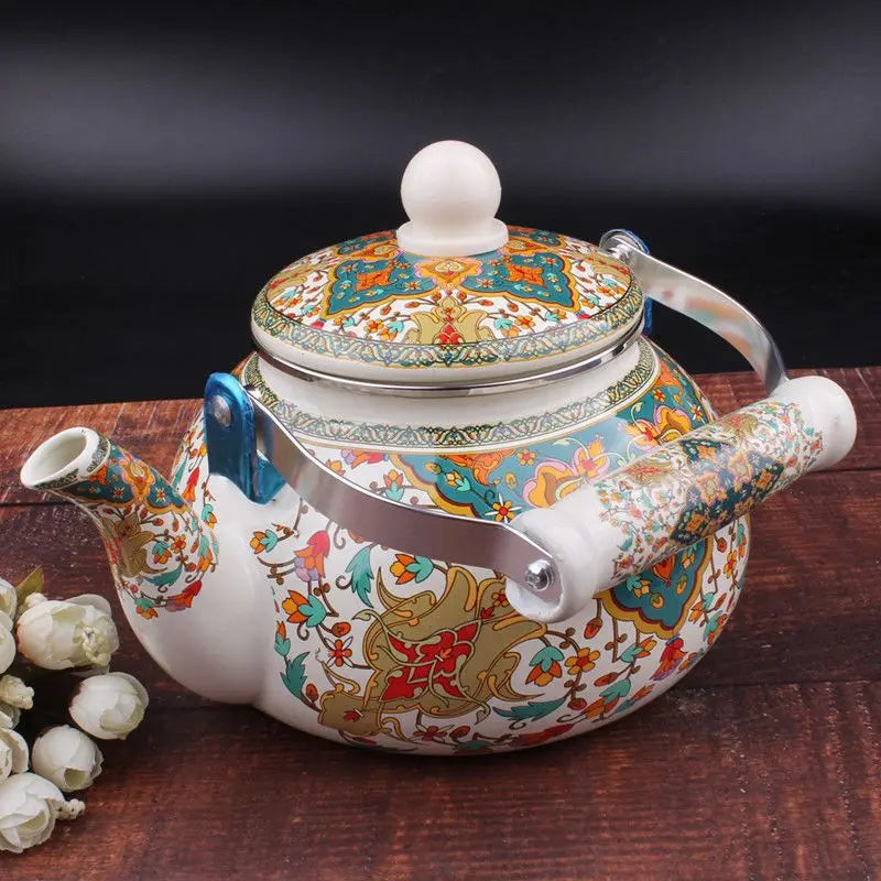 2.4/2.5L Hand Painted Enamel Teapot Ethnic Restaurant Milk Tea Kettle Tea Set Boiling Kettle