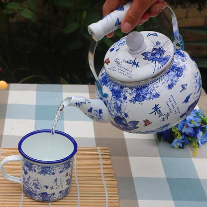 2.5L Enamel Tea Infuser Blue And White Porcelain Enameled Boiling Kettle Gas Induction Cooker Boiling Teapot Cold Kettle