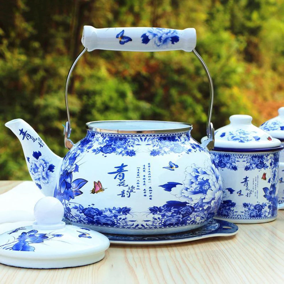 2.5L Enamel Tea Infuser Blue And White Porcelain Enameled Boiling Kettle Gas Induction Cooker Boiling Teapot Cold Kettle