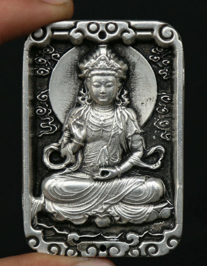 2.8" Chinese Miao Silver Hand Carving Buddhism Kwan-yin Guan Yin Amulet Pendant