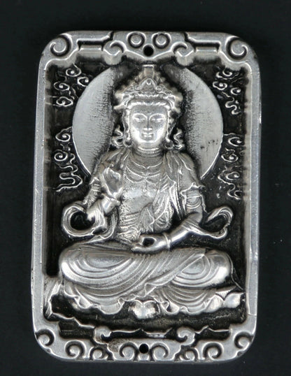 2.8" Chinese Miao Silver Hand Carving Buddhism Kwan-yin Guan Yin Amulet Pendant