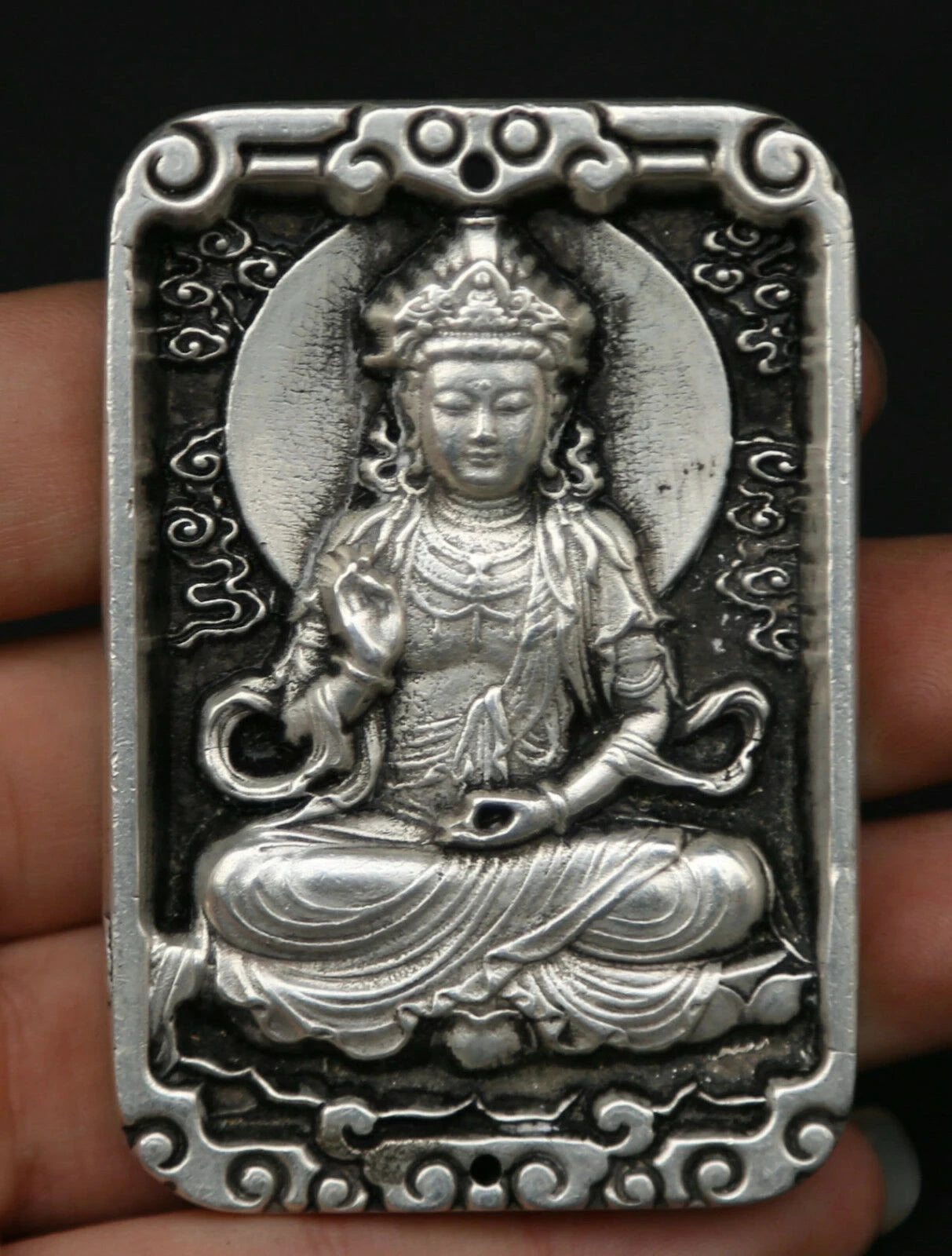 2.8" Chinese Miao Silver Hand Carving Buddhism Kwan-yin Guan Yin Amulet Pendant