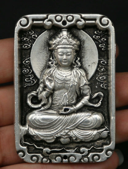 2.8" Chinese Miao Silver Hand Carving Buddhism Kwan-yin Guan Yin Amulet Pendant