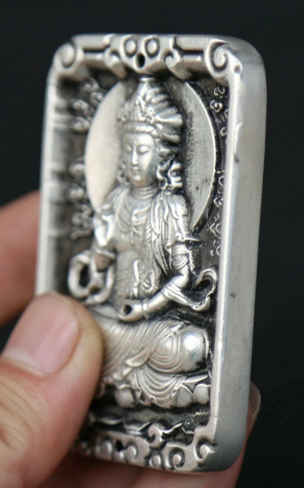 2.8" Chinese Miao Silver Hand Carving Buddhism Kwan-yin Guan Yin Amulet Pendant