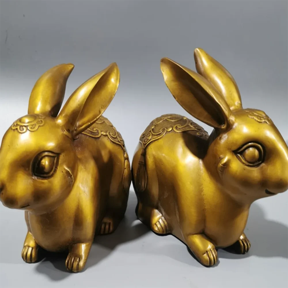 2 Pack Cute Rabbit Statue Home Decor Animal Sculpture Feng Shui Golden Rabbit Ornament Brass Crafts Desk Accessories