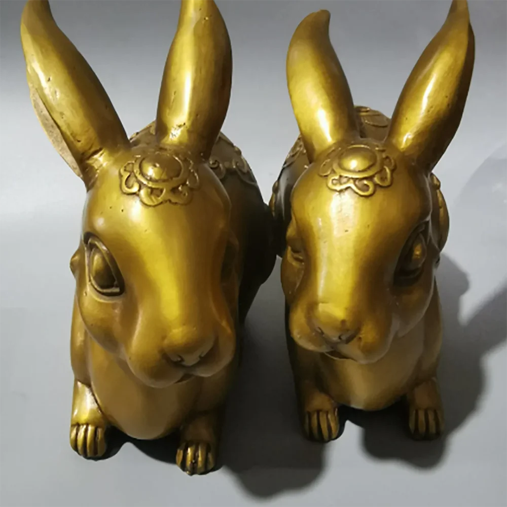 2 Pack Cute Rabbit Statue Home Decor Animal Sculpture Feng Shui Golden Rabbit Ornament Brass Crafts Desk Accessories