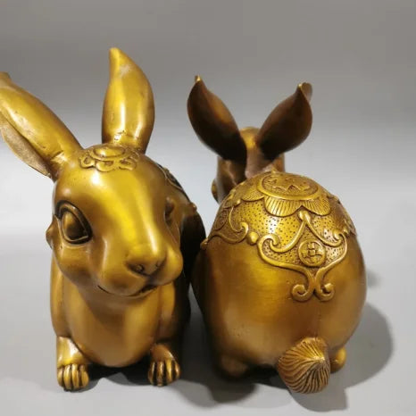 2 Pack Cute Rabbit Statue Home Decor Animal Sculpture Feng Shui Golden Rabbit Ornament Brass Crafts Desk Accessories