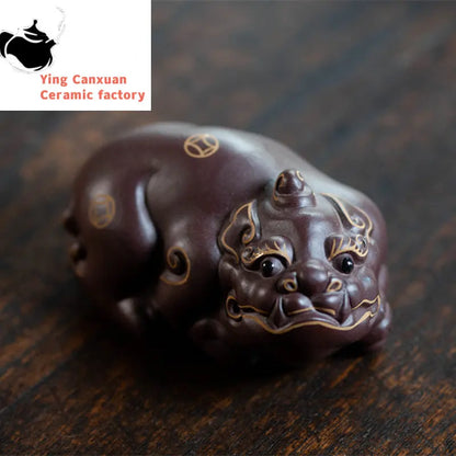 2 Pcs/set Lucky Animal Statue Ornaments Yixing Purple Clay Tea Pet Sculpture Tea Figurine Crafts Chinese Tea Set Decoration Gift