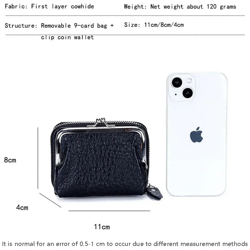 2 in 1 Change Credit Card Holder Coin Purse Women Genuine Leather Wallet for Girl with Metal Frame Clasp