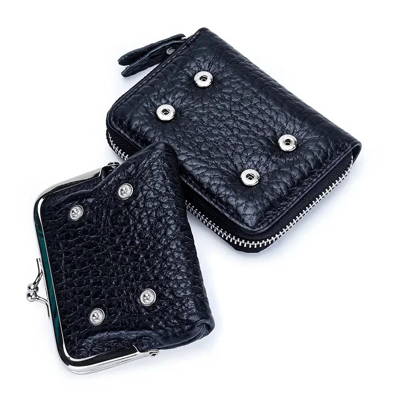 2 in 1 Change Credit Card Holder Coin Purse Women Genuine Leather Wallet for Girl with Metal Frame Clasp
