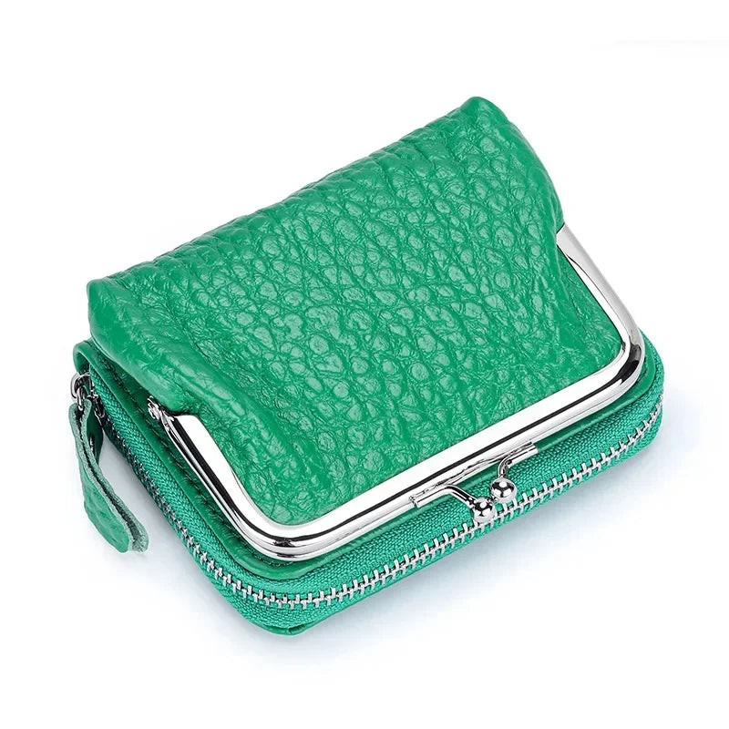 2 in 1 Change Credit Card Holder Coin Purse Women Genuine Leather Wallet for Girl with Metal Frame Clasp