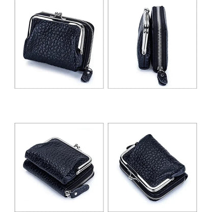 2 in 1 Change Credit Card Holder Coin Purse Women Genuine Leather Wallet for Girl with Metal Frame Clasp