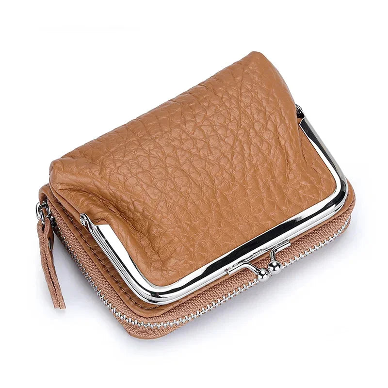 2 in 1 Change Credit Card Holder Coin Purse Women Genuine Leather Wallet for Girl with Metal Frame Clasp