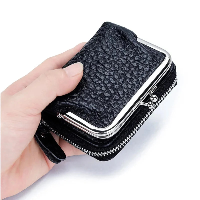 2 in 1 Change Credit Card Holder Coin Purse Women Genuine Leather Wallet for Girl with Metal Frame Clasp