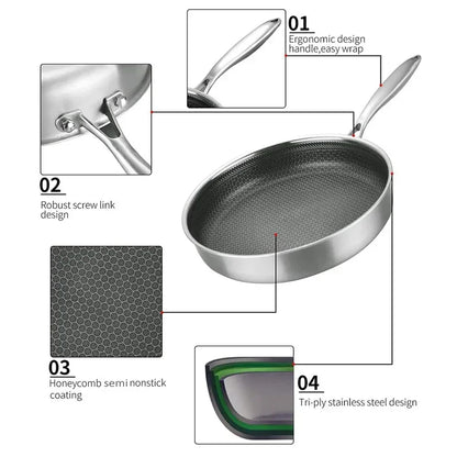 20/26/28CM Frying Pan Food Grade 304 Stainless Steel Non Stick Pan Honeycomb Pot Bottom Induction Cooker Gas Stove General Wok