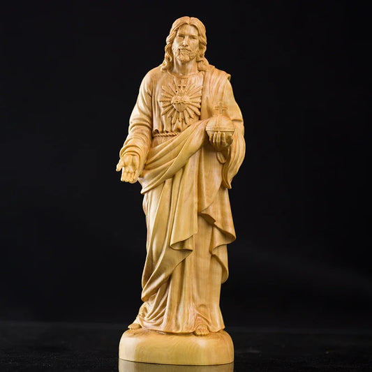 20.5cm Solid Wood Catholic Wood Carving Jesus Statue Hand Carving Home Living Room Decoration Ornaments