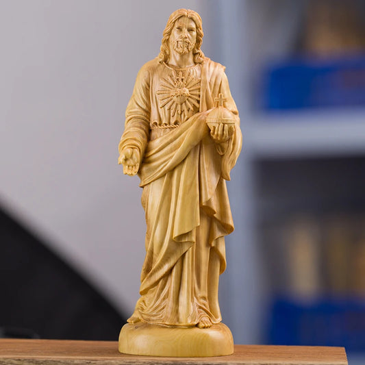 20.5cm Traditional Hand Carving Home Living Room Church Decoration Solid Wood Catholic Wood Carving Jesus Statue Ornaments