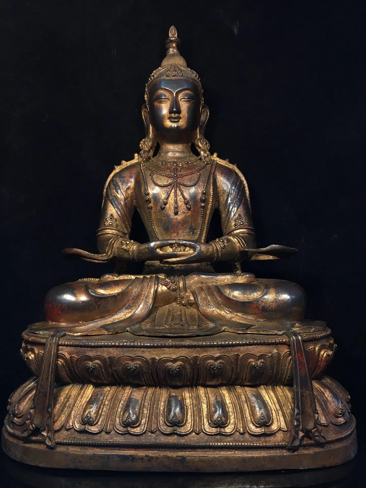 20"Tibet Temple Collection Old Bronze Cinnabar Gilding Amitayus Buddha Guanyin Sitting Buddha Worship Hall Town house Exorcism