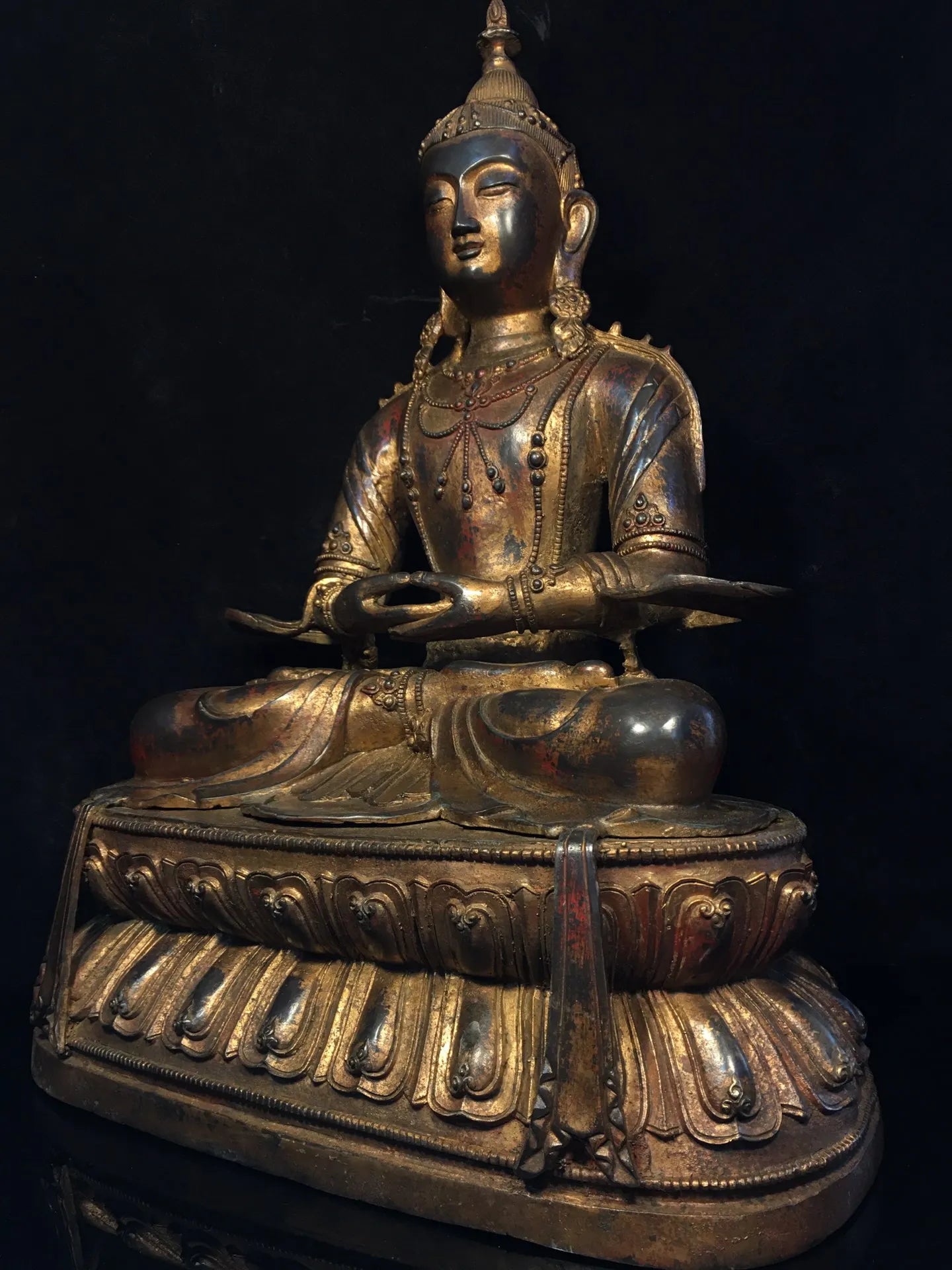 20"Tibet Temple Collection Old Bronze Cinnabar Gilding Amitayus Buddha Guanyin Sitting Buddha Worship Hall Town house Exorcism